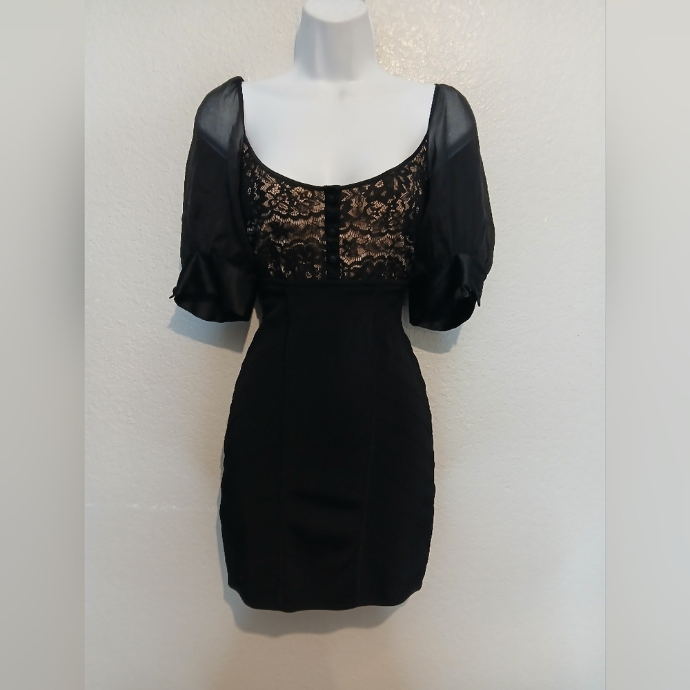 Bebe Black Lace Sheer Puff Sleeve Bodycon Mini Cocktail Dress Bandage Satin